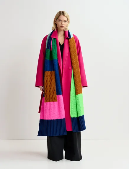 Navy blue, neon green and neon pink cable-knitted patchwork scarf