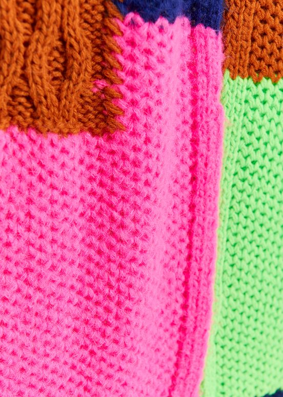 Navy blue, neon green and neon pink cable-knitted patchwork scarf