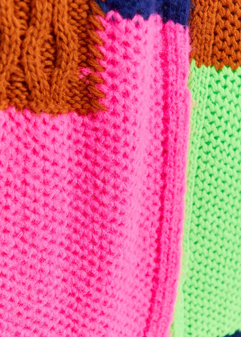 Navy blue, neon green and neon pink cable-knitted patchwork scarf