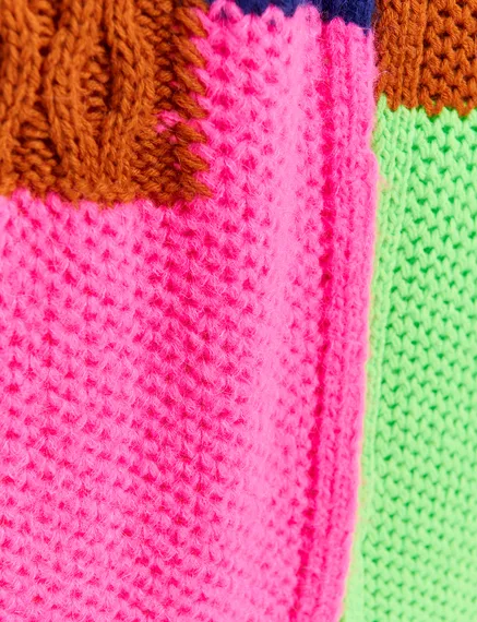 Navy blue, neon green and neon pink cable-knitted patchwork scarf