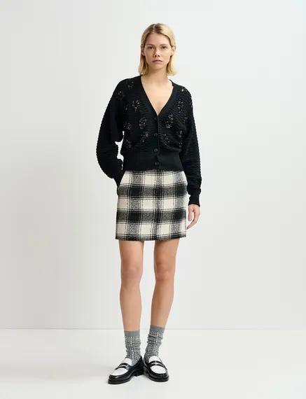 Ecru and black checked mini skirt