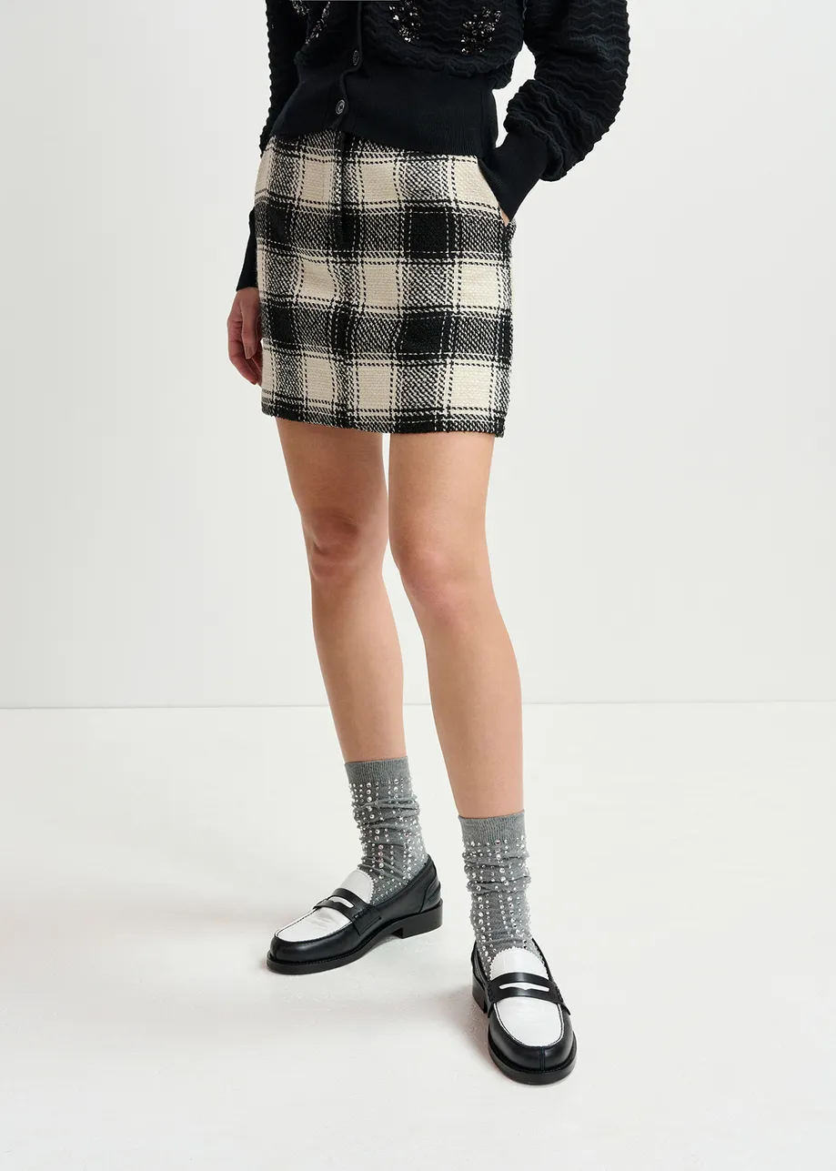 Ecru and black checked mini skirt