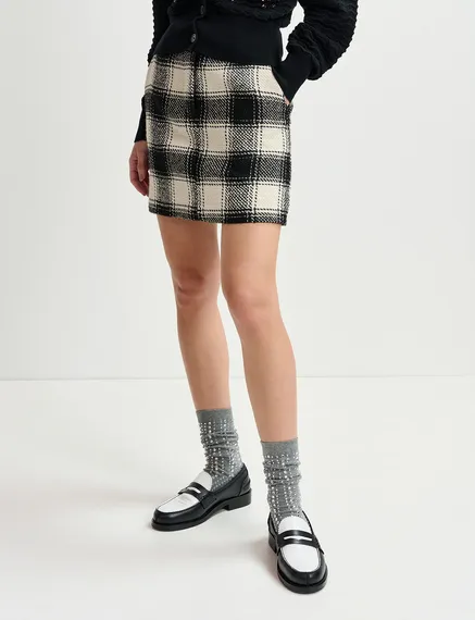 Ecru and black checked mini skirt