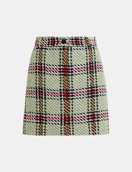 Ecru, black and green checked mini skirt