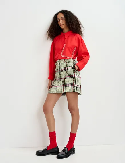 Ecru, black and green checked mini skirt