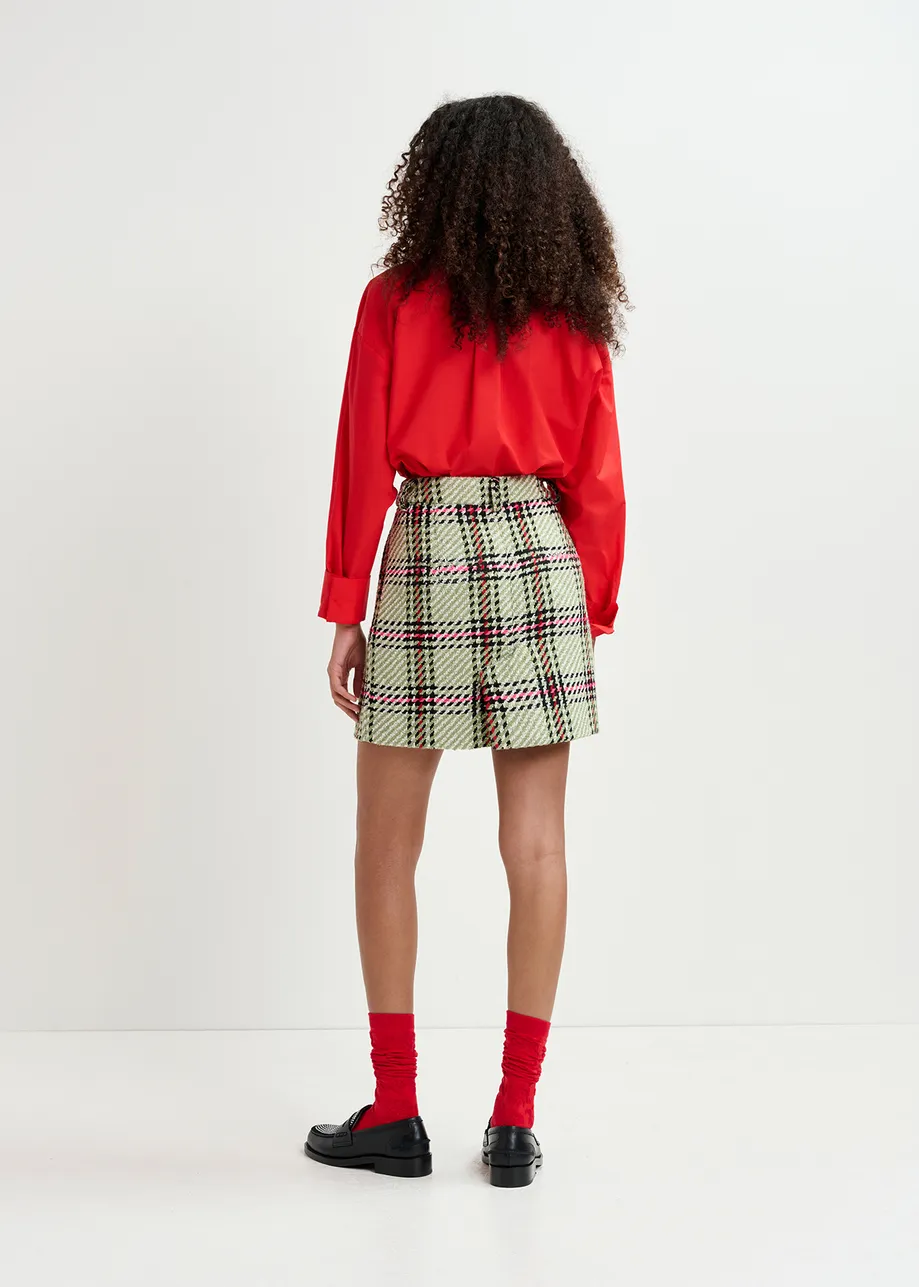 Ecru, black and green checked mini skirt