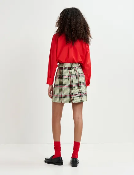 Ecru, black and green checked mini skirt