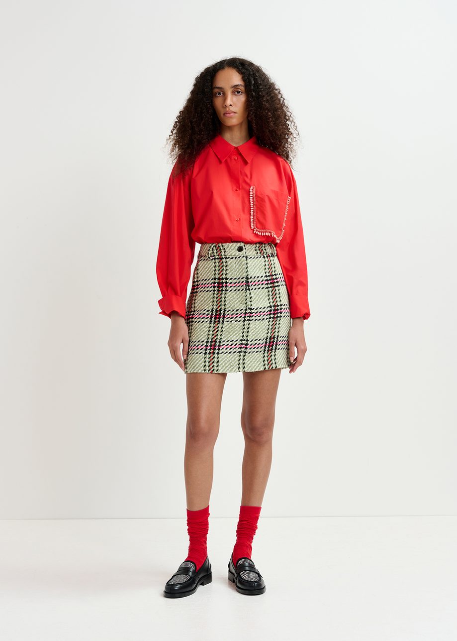 Ecru, black and green checked mini skirt