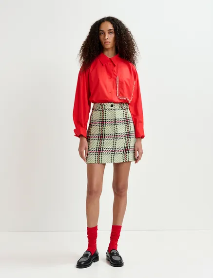 Ecru, black and green checked mini skirt