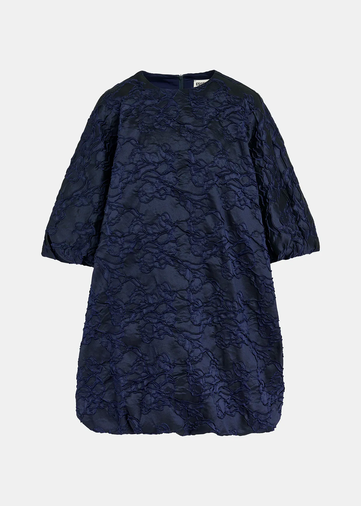 Navy blue jacquard-woven puffy mini dress | Essentiel Antwerp Spain