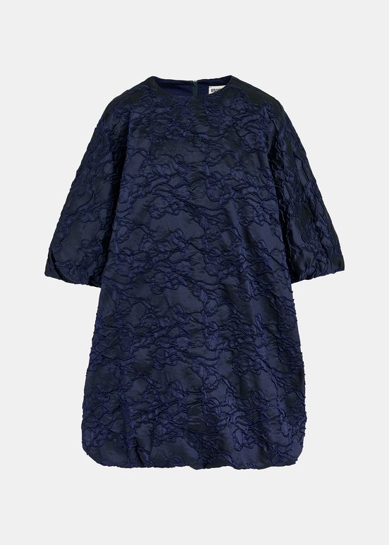 Navy blue jacquard-woven puffy mini dress