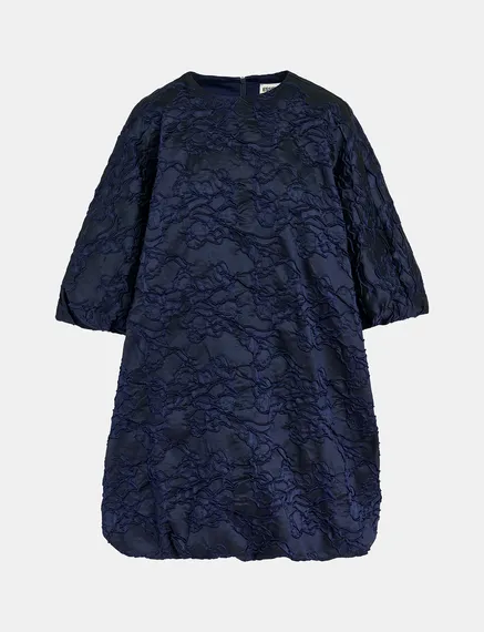 Navy blue jacquard-woven puffy mini dress