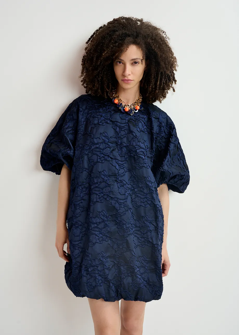 Navy blue jacquard-woven puffy mini dress