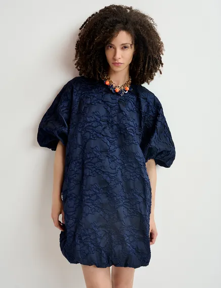 Mini-robe bouffante en jacquard bleu marine