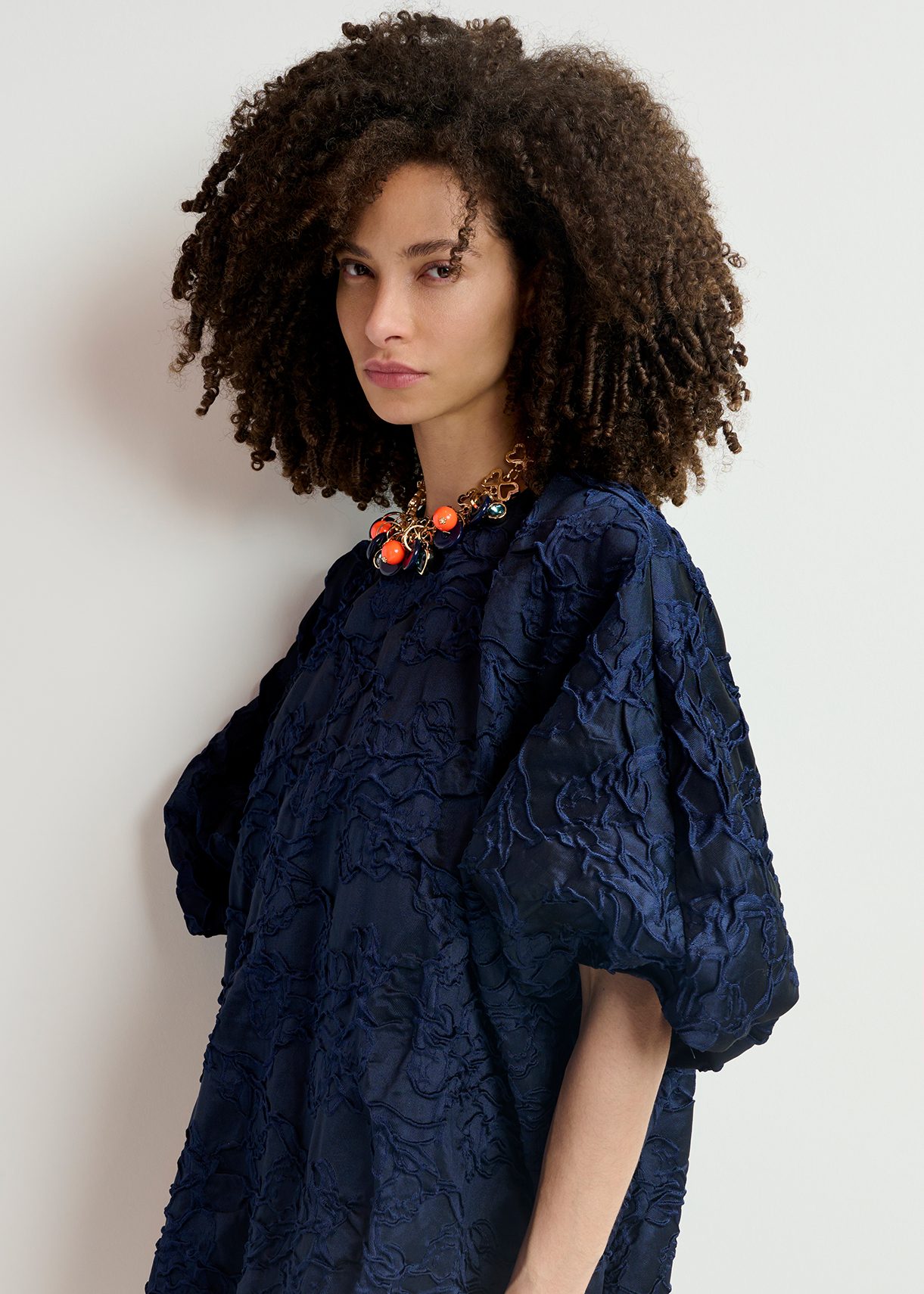 Navy blue jacquard-woven puffy mini dress | Essentiel Antwerp
