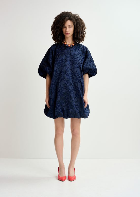 Marineblauwe mini-pofjurk in jacquard