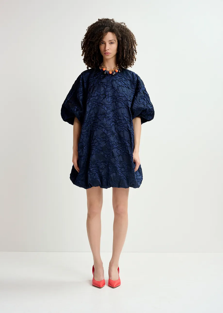 Navy blue jacquard-woven puffy mini dress