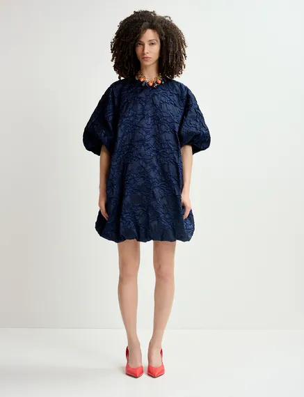 Marineblauwe mini-pofjurk in jacquard