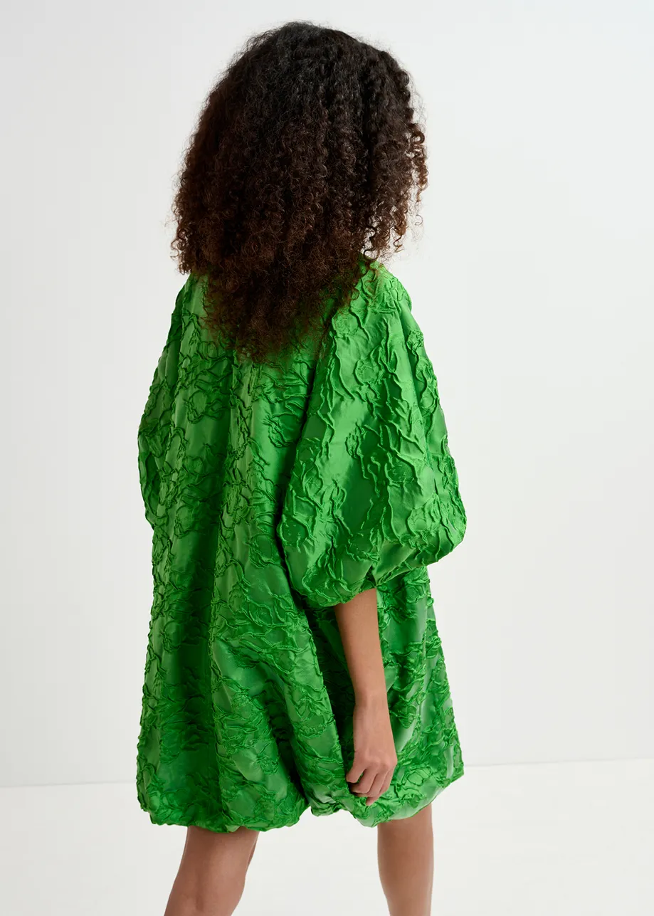 Green jacquard-woven puffy mini dress