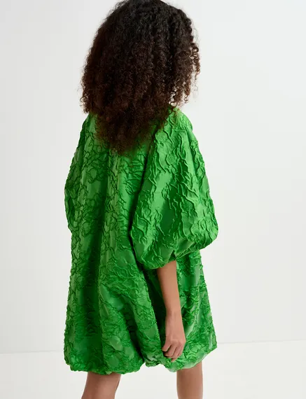 Green jacquard-woven puffy mini dress