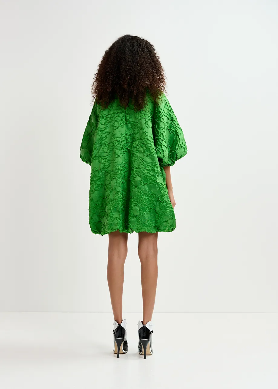 Green jacquard-woven puffy mini dress