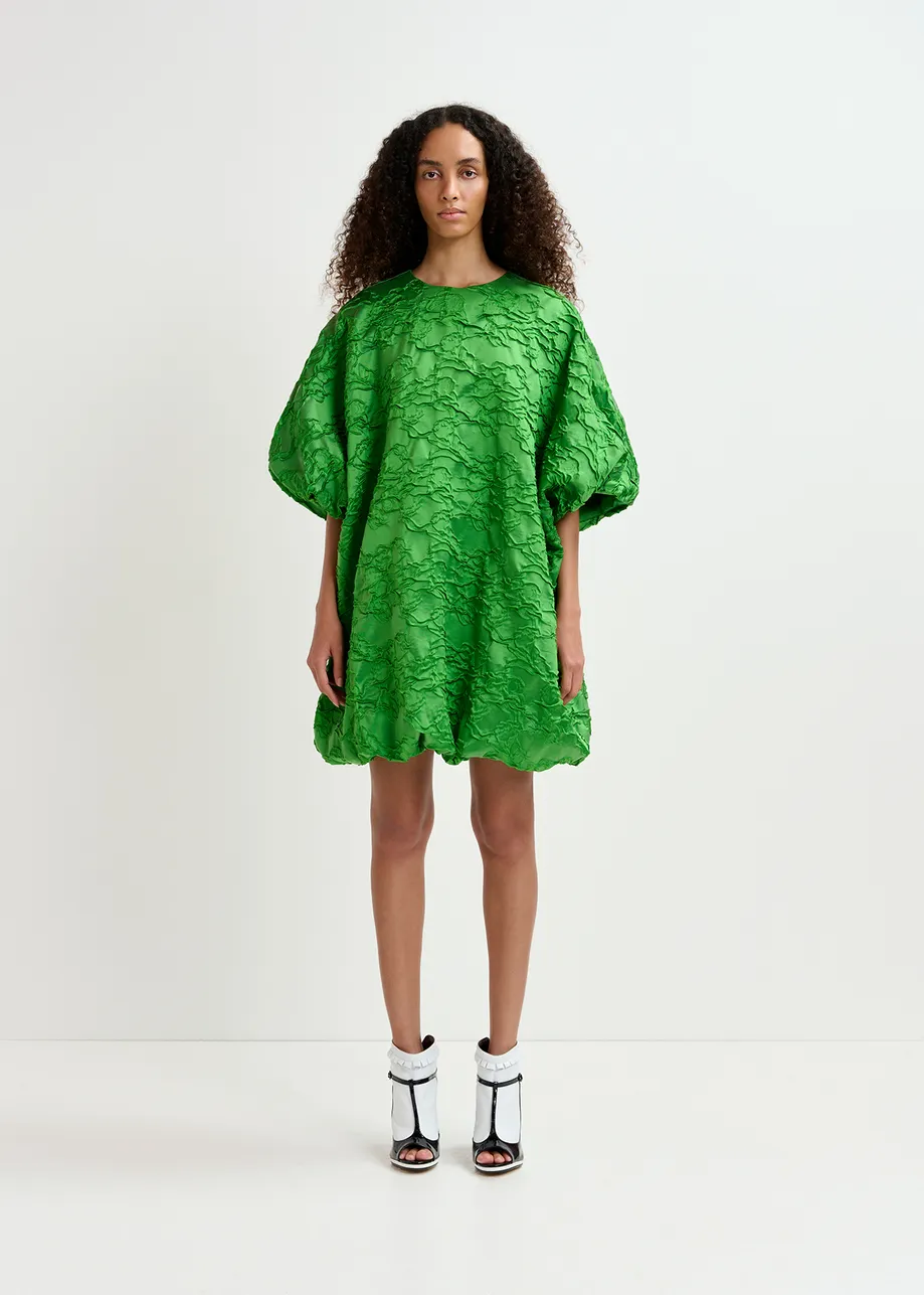 Green jacquard-woven puffy mini dress