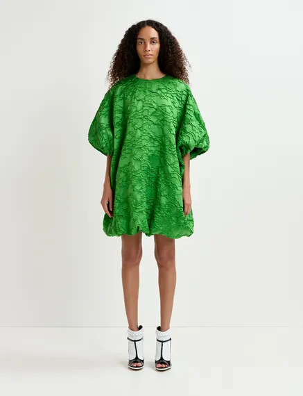 Green jacquard-woven puffy mini dress