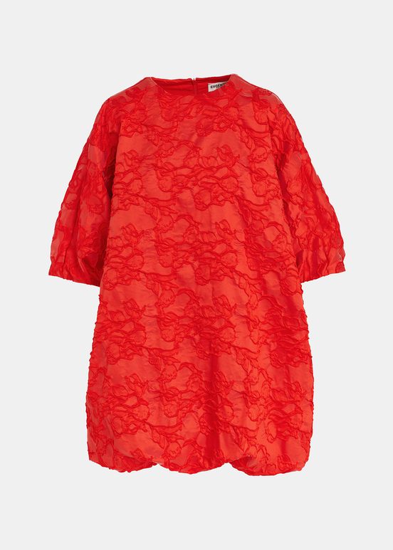 Red jacquard-woven puffy mini dress