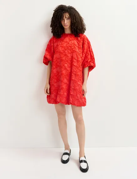 Red jacquard-woven puffy mini dress