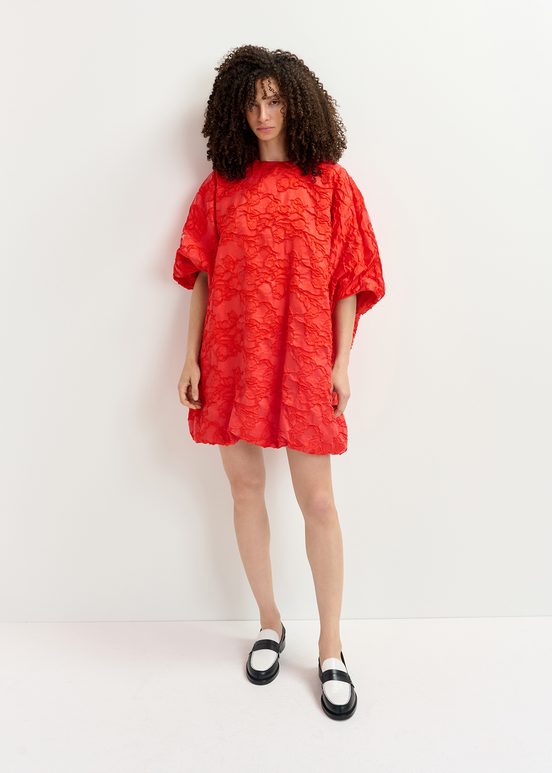 Red jacquard-woven puffy mini dress