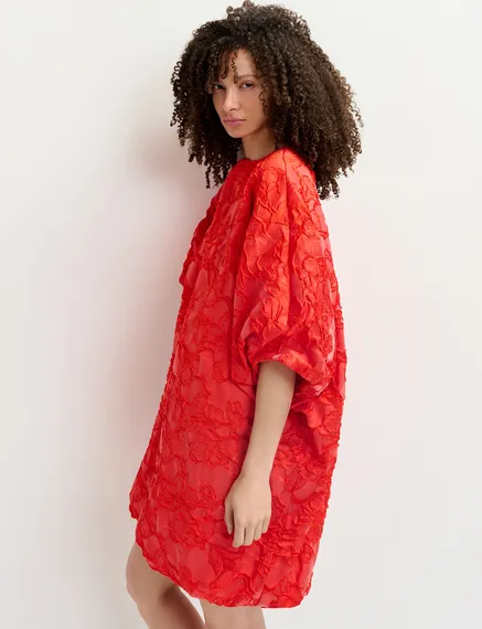 Red jacquard-woven puffy mini dress