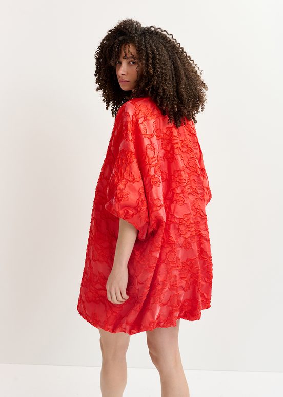 Red jacquard-woven puffy mini dress