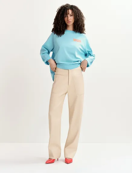 Pantalon droit en faux cuir écru