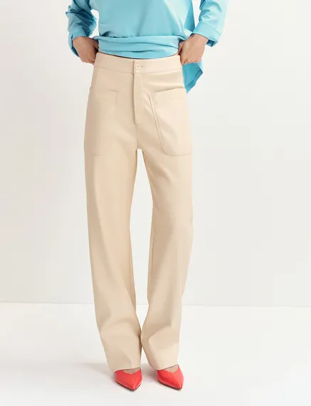 Ecru faux leather straight-leg pants