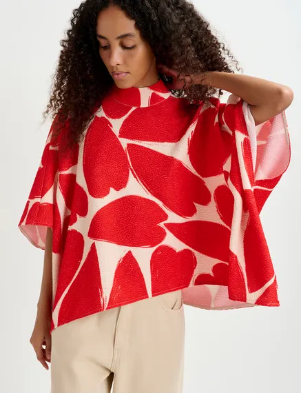 Off-white and red oversized top with stand-up collar