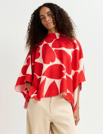 Cremefarbenes und rotes Oversized Top mit Stehkragen