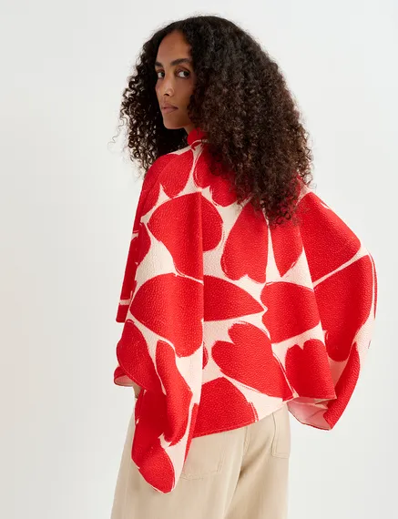 Off-white and red oversized top with stand-up collar