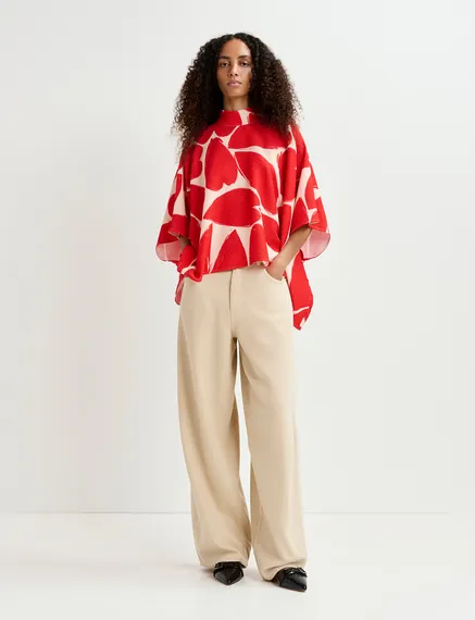 Off-white and red oversized top with stand-up collar