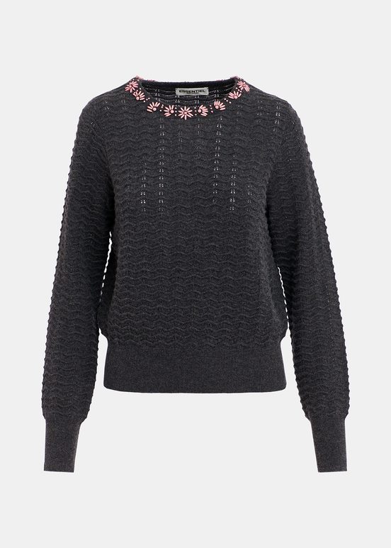 Dark grey knit sweater with embellished neckline