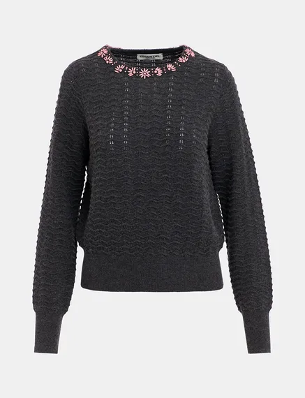 Dark grey knit sweater with embellished neckline