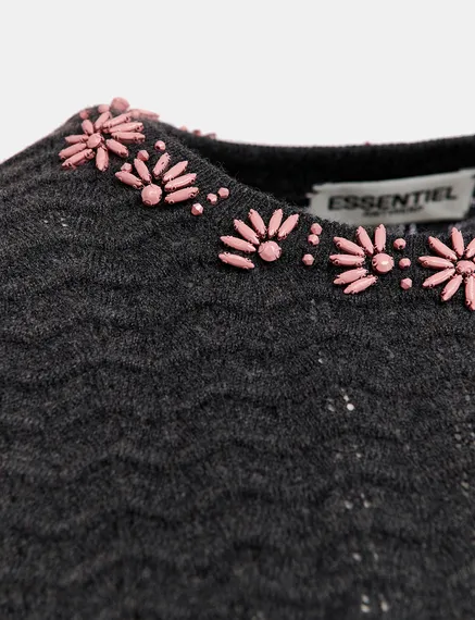 Dark grey knit sweater with embellished neckline