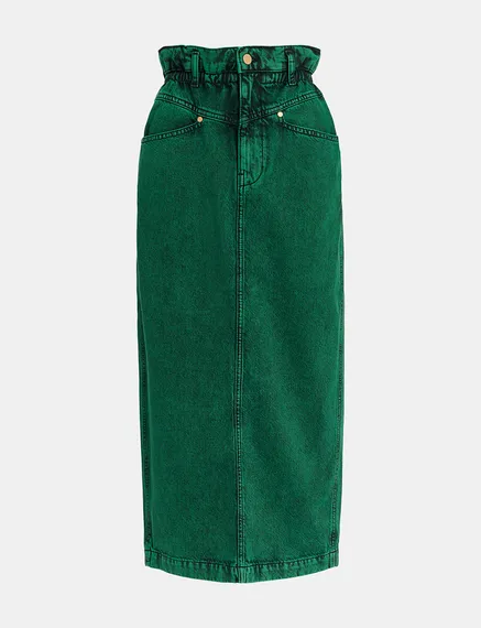 Jupe midi en denim surteint vert foncé avec taille paperbag