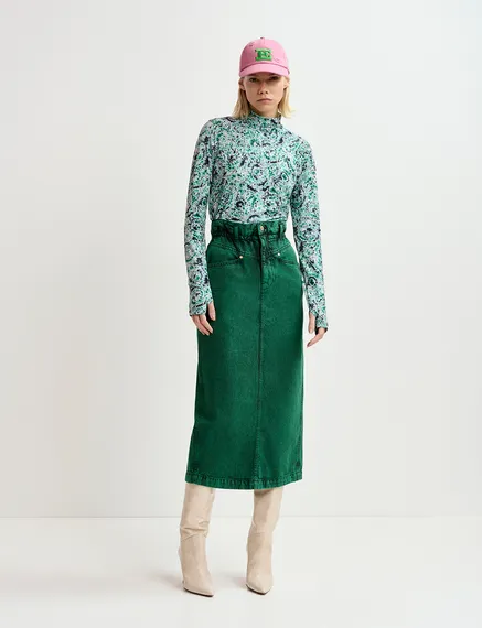 Jupe midi en denim surteint vert foncé avec taille paperbag