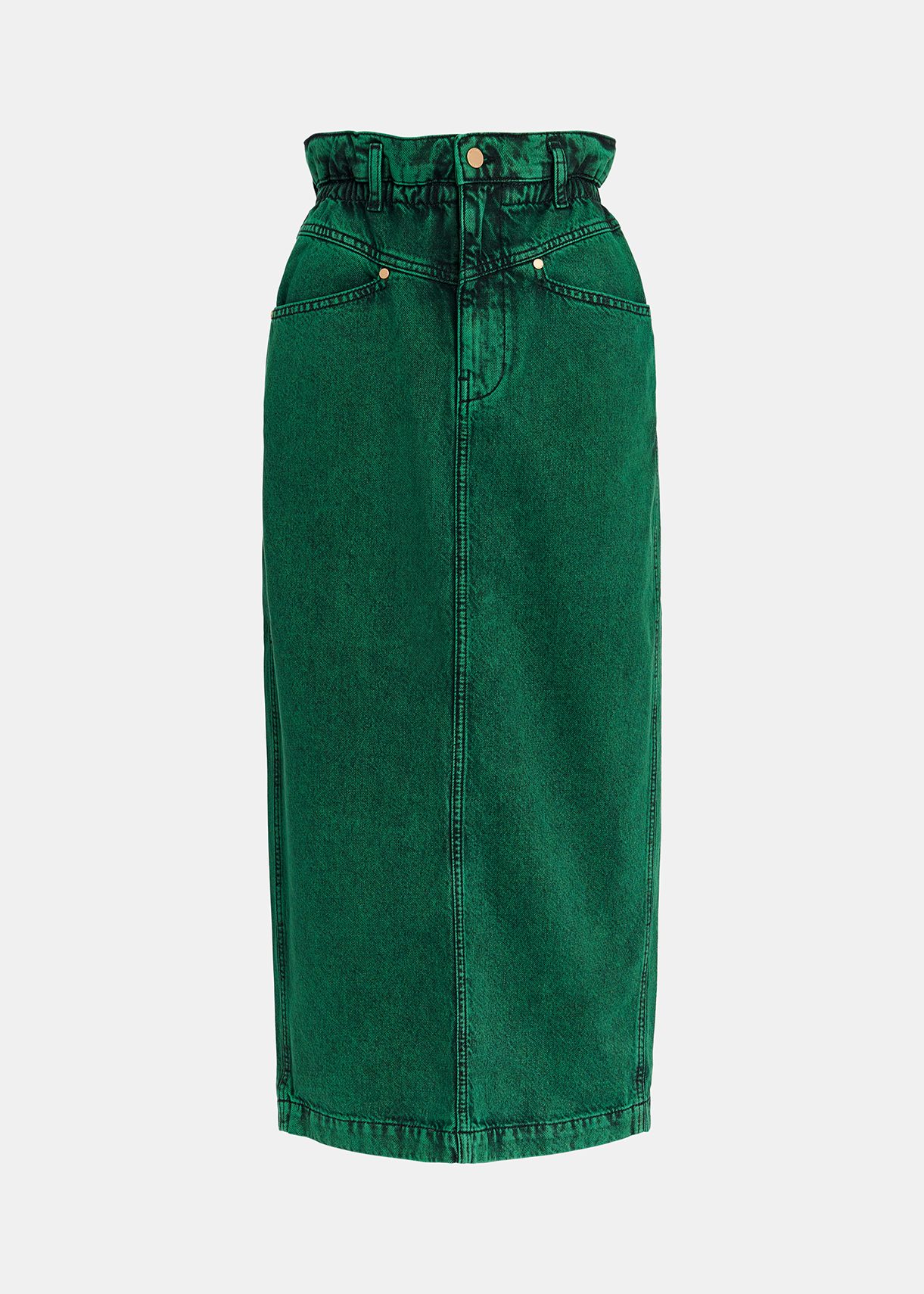 Jupe midi en denim surteint vert foncé avec taille paperbag