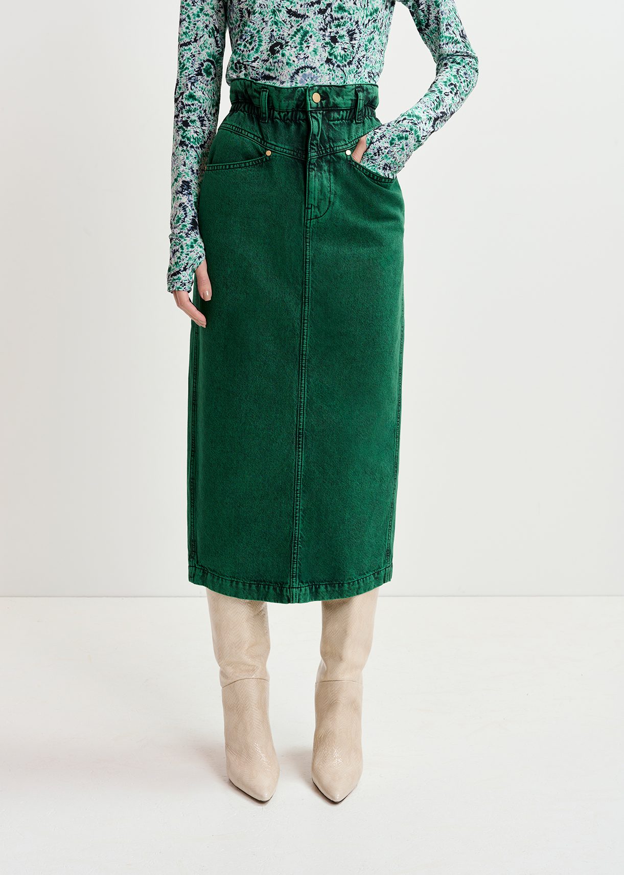 Dark green overdyed midi skirt with paperbag waist Essentiel Antwerp Europe