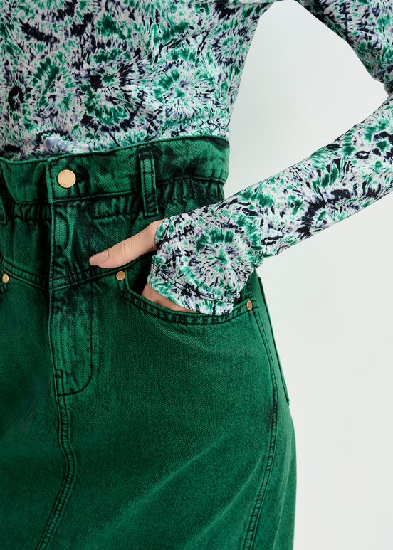 Jupe midi en denim surteint vert foncé avec taille paperbag