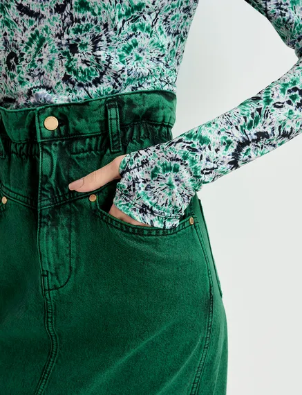 Jupe midi en denim surteint vert foncé avec taille paperbag