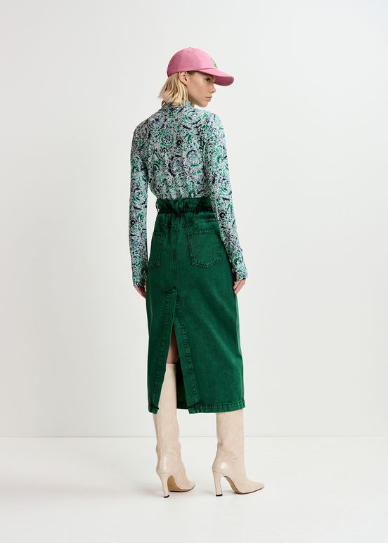 Jupe midi en denim surteint vert foncé avec taille paperbag