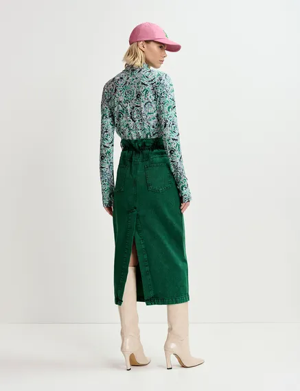 Jupe midi en denim surteint vert foncé avec taille paperbag