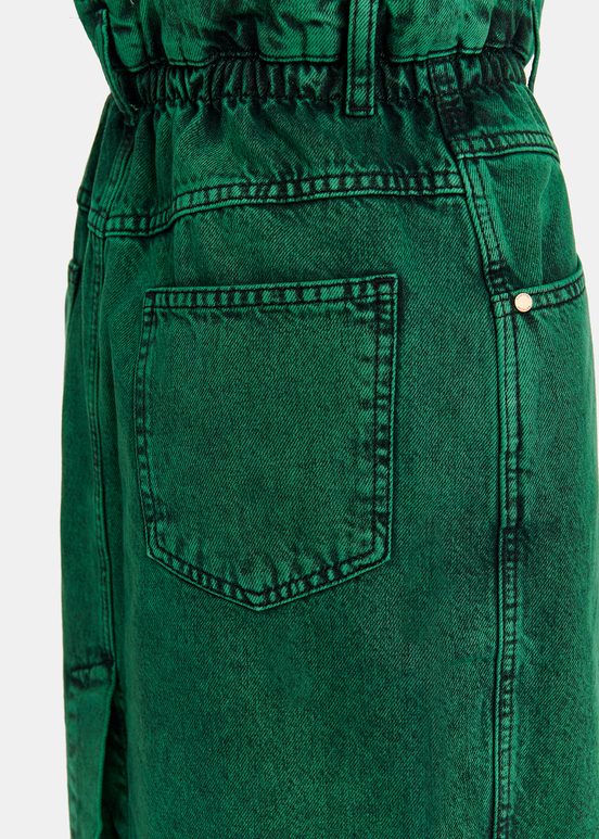 Jupe midi en denim surteint vert foncé avec taille paperbag